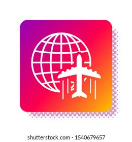 White Globe with flying plane icon isolated on white background. Airplane fly around the planet earth. Aircraft world icon. Square color button. Vector Illustration