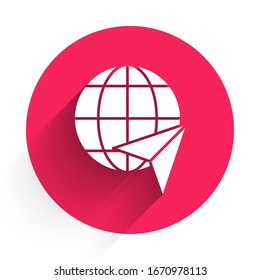 White Globe with flying plane icon isolated with long shadow. Airplane fly around the planet earth. Aircraft world icon. Red circle button. Vector Illustration