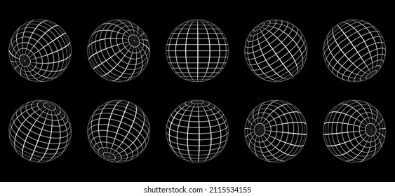 White Globe Grid Sphere Set on Black Background. 3D Wire Global Earth Latitude, Longitude. Wired Line 3D Planet Globe. Geometric Round Grid Mesh Ball. Wireframe Globe Surface. Isolated Vector.