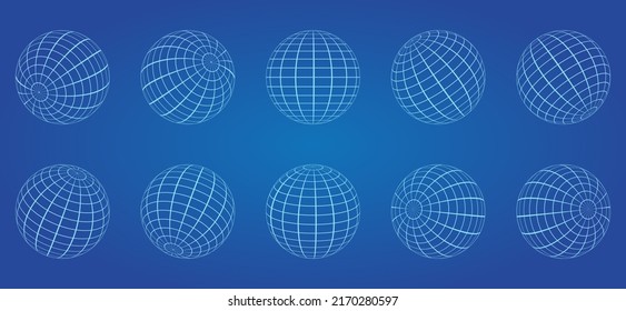 White Globe Grid Sphere Set on Blue Background. 3D Wire Global Earth Latitude, Longitude. Wired Line 3D Planet Globe. Geometric Round Grid Mesh Ball. Wireframe Globe Surface. Isolated Vector.