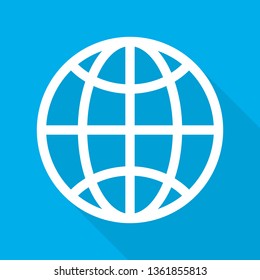 White Globe icon with long shadow. Vector illustration. Symbol of Earth. Planet icon. World symbol in flat style