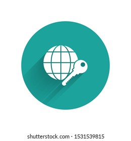 White Globe key icon isolated with long shadow. Green circle button. Vector Illustration
