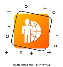 White Globe and people icon isolated on white background. Global business symbol. Social network icon. Orange square button. Vector Illustration