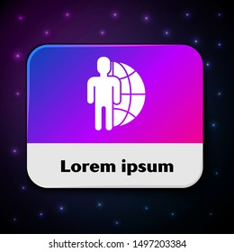 White Globe and people icon isolated on black background. Global business symbol. Social network icon. Rectangle color button. Vector Illustration