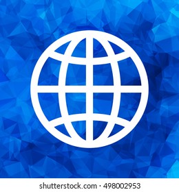 white globe planet icon on a blue triangular polygonal background
