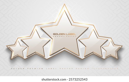 White glossy 5 star top rank logo badge frame. Luxury polygonal stone sign, golden rim border, white silver background. Abstract vector premium achievement five star gray glass icon