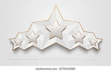 White glossy 5 star top rank logo badge frame. Luxury polygonal stone sign, golden rim border, white silver background. Abstract vector premium achievement five star gray glass icon