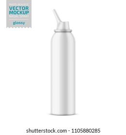 White glossy aluminum bottle with sprayer for nasal spray. 125 ml. Photo-realistic packaging mockup template. Vector illustration.