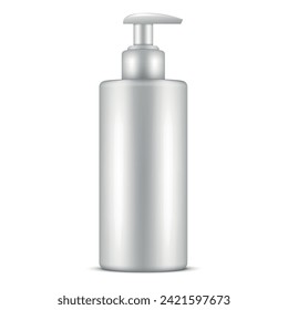 White glossy bottle with dispenser pump cap soap lotion cream shampoo bath foam mockup realistic vector illustration. Package for beauty product liquid face skin body hair care gel container