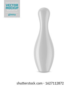 White glossy bowling pin. Photo-realistic packaging mockup template. Vector 3d illustration.