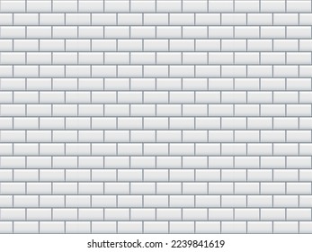 White glossy brick wall with ceramic rectangle tiles pattern horizontal background. Home interior, bathroom and kitchen wall texture. Vector elegant grey shiny brickwall background