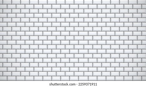 White glossy brick wall with ceramic rectangle tiles pattern horizontal background. Home interior, bathroom and kitchen ceramic wall texture. Vector realistic white shiny brickwall background