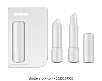 White glossy closed and opened lip balm stick set, realistic hygienic lipstick with cardboard pack. Vector blank mockup, design template for you