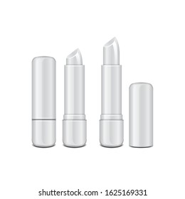 White glossy closed and opened lip balm stick, realistic hygienic lipstick. Vector blank mockup, design template set for you