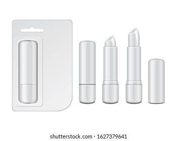 White glossy closed and opened lip balm stick, realistic hygienic lipstick with cardboard pack. Set of vector blank mockup, design template for you