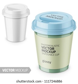 White Glossy Disposable Cup With Paper Sleeve And Plastic Lid For Hot Beverage Coffee, Tea, Espresso. 250 Ml. Photo-realistic Packaging Mockup Template With Sample Design. Vector 3d Illustration.