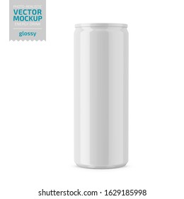 White glossy energy drink tin can. Photo-realistic packaging mockup template. Vector 3d illustration.