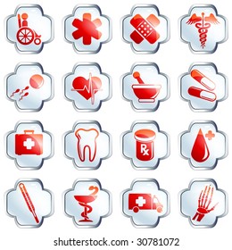 White glossy medical buttons (vector); a JPG version is also available