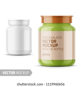 White glossy medicine bottle with snap lid for tablets, pills, drugs. Photo-realistic packaging mockup template with sample design. Front view. Vector 3d illustration.