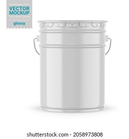 White glossy metal paint bucket. Photo-realistic packaging mockup template. Front view. Vector 3d illustration. Contains an accurate mesh to wrap your artwork with the correct envelope distortion