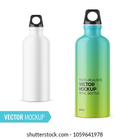 White glossy metal water bottle with black bung. 500 ml. Photo-realistic packaging mockup template with sample design. Front view. Vector 3d illustration. - Shutterstock ID 1059641978