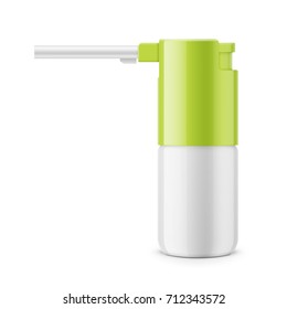 White glossy oral spray or aerosol bottle with green cap. 30 ml. Realistic packaging mockup template. Side view. Vector illustration.