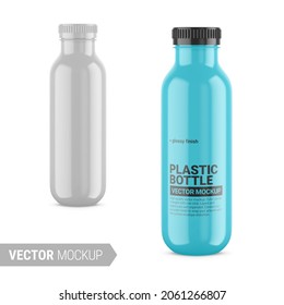White glossy plastic bottle. Photorealistic packaging mockup template. Vector 3d illustration with sample design. Contains an accurate mesh to wrap your artwork with the correct envelope distortion svg