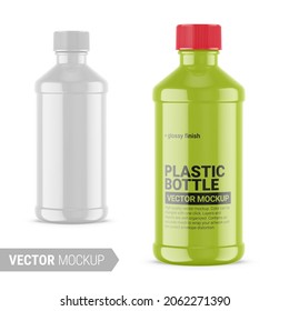 White glossy plastic bottle. Photorealistic packaging mockup template with sample design. Contains an accurate mesh to wrap your artwork with the correct envelope distortion