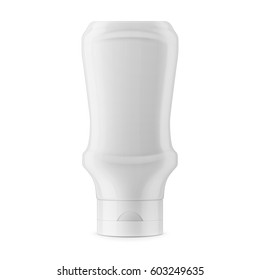 White glossy plastic bottle with round cap for sauce, ketchup, dressing, mayonnaise. Realistic packaging mockup template. Front view. Vector illustration.