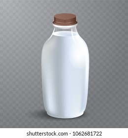 White glossy plastic bottle with screw cap for dairy products milk, drink yogurt, cream, dessert. Realistic packaging mockup template. Front view. Vector illustration.