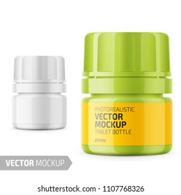 White glossy plastic bottle with screw cap for medicine, tablets, pills. Photo-realistic packaging mockup template with sample design. Vector 3d illustration.