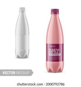 White glossy plastic bottle with screw cap. Photorealistic packaging mockup template with sample design. Contains an accurate mesh to wrap your artwork with the correct envelope distortion.