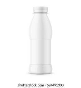 White glossy plastic bottle with screw cap for dairy products, milk, drink yogurt, cream, dessert. Wrapped with label. 385 ml. Realistic packaging mockup template. Front view. Vector illustration.