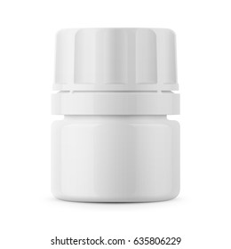White glossy plastic bottle with screw cap for medicine, tablets, pills. Realistic packaging mockup template. Front view. Vector illustration.
