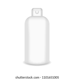 White glossy plastic bottle for shampoo, shower gel, lotion, body milk, bath foam. Realistic packaging mockup template. Front view. Vector illustration.
