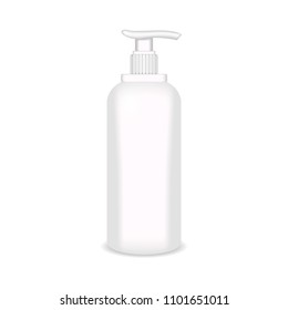 White glossy plastic bottle for shampoo, shower gel, lotion, body milk, bath foam. Realistic packaging mockup template. Front view. Vector illustration.
