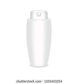 White glossy plastic bottle for shampoo, shower gel, lotion, body milk, bath foam. Realistic packaging mockup template. Front view. Vector illustration.
