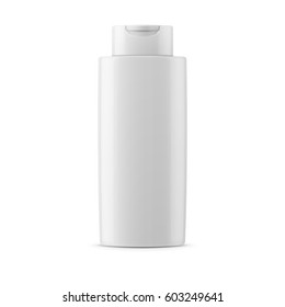 White Glossy Plastic Bottle For Shampoo, Shower Gel, Lotion, Body Milk, Bath Foam. Realistic Packaging Mockup Template. Front View. Vector Illustration.