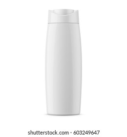 White glossy plastic bottle for shampoo, shower gel, lotion, body milk, bath foam. Realistic packaging mockup template. Front view. Vector illustration.