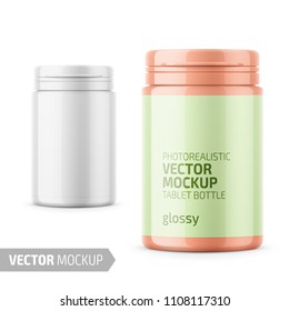 White glossy plastic bottle with snap hinge push on cap for medicine, tablets, pills. Photo-realistic packaging mockup template with sample design. Front view. Vector 3d illustration.