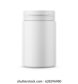 White Glossy Plastic Bottle With Snap Hinge Push On Cap For Medicine, Tablets, Pills. Realistic Packaging Mockup Template. Front View. Vector Illustration.