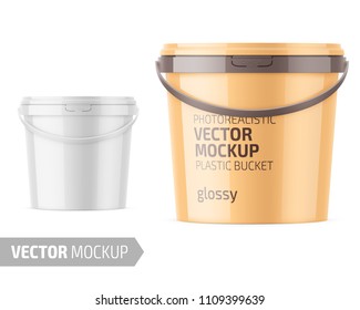 White glossy plastic bucket for food products, paint, household stuff. 900 ml. Realistic packaging mockup template with sample design. Handle down forward. Vector illustration.