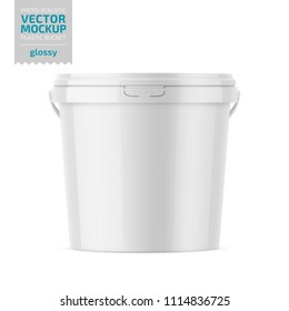 White glossy plastic bucket for food products, paint, household stuff. 900 ml. Realistic packaging mockup template. Handle down backward. Vector illustration.