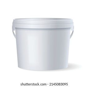 White glossy plastic bucket with lid and handle for food products, paint, household stuff. Realistic packaging mockup template. Side view. Vector illustration