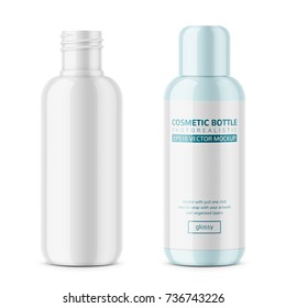White glossy plastic cosmetic bottle with blank label. 200 ml. Cosmo round style. For lotion, body milk, shampoo etc. Photo-realistic packaging mockup template with sample design. Vector illustration.