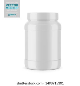 White glossy plastic jar with lid and label for protein, mass gainer, powder, pills. Photo-realistic packaging mockup template. Vector 3d illustration.