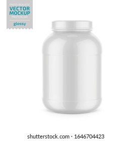 Frasco de plástico blanco brillante con tapa y etiqueta para proteínas, ganadora de masa, polvo, pastillas. Plantilla de simulación de empaque fotorealista. Ilustración vectorial 3d.