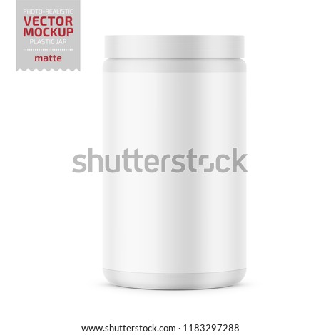 White glossy plastic jar with lid for sport powder - protein, vitamins, bcaa, tablets. Photo-realistic packaging mockup template. Vector 3d illustration.