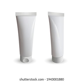 White glossy plastic packaging isolated on white background. Realistic 3d cosmetic tube for cream, gel, shampoo or other design. - Vector illustration