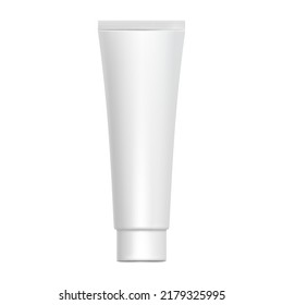 White glossy plastic tube for medicine or cosmetics - cream, gel, skin care, toothpaste. 3d Realistic packaging mockup template. Side view. Vector illustration.